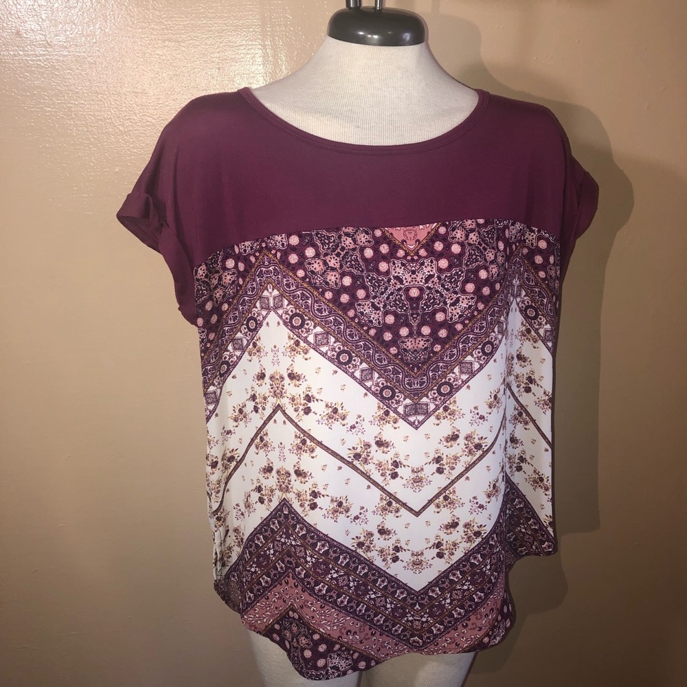 Maroon/ beige sheer floral print tunic top